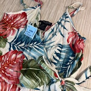 See You Monday Tropical Floral Wrap Midi Dress Tie Waist Adjustable Straps